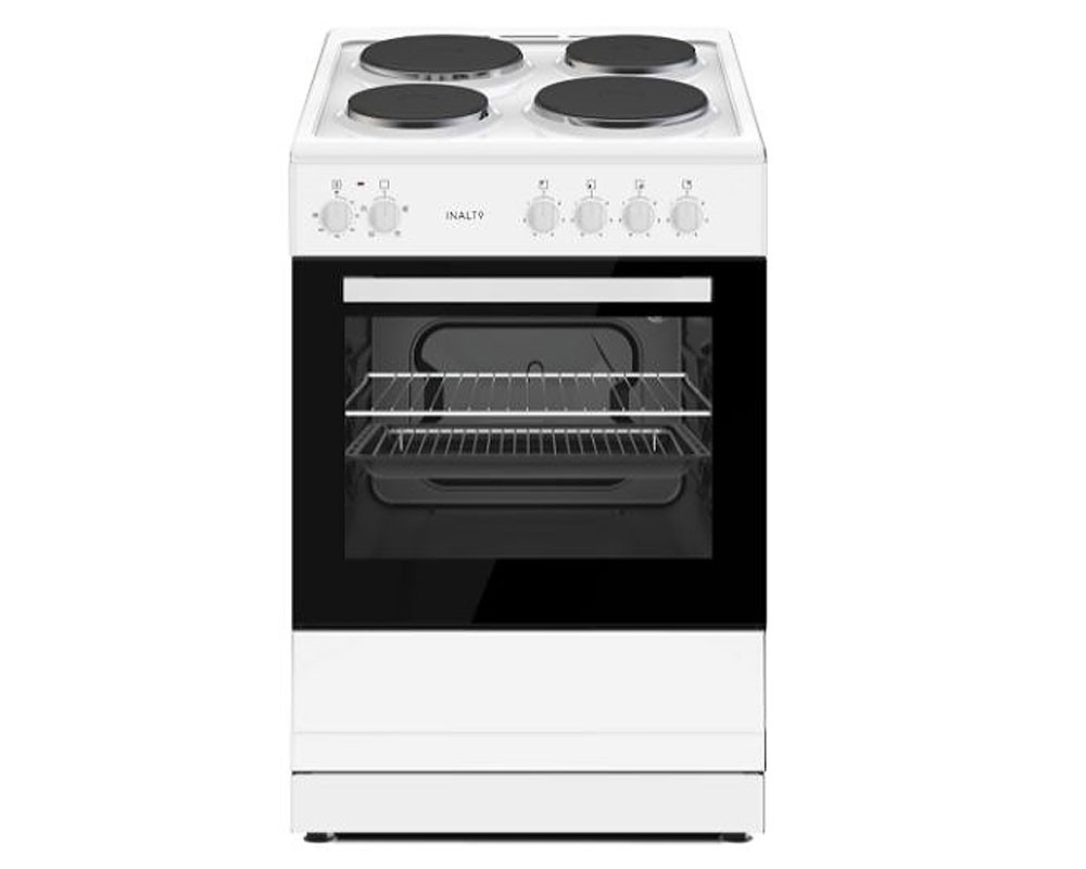 White 60cm freestanding electric cooker featuring a solid plate hob with four burners, a black glass oven door, and control knobs on the front.