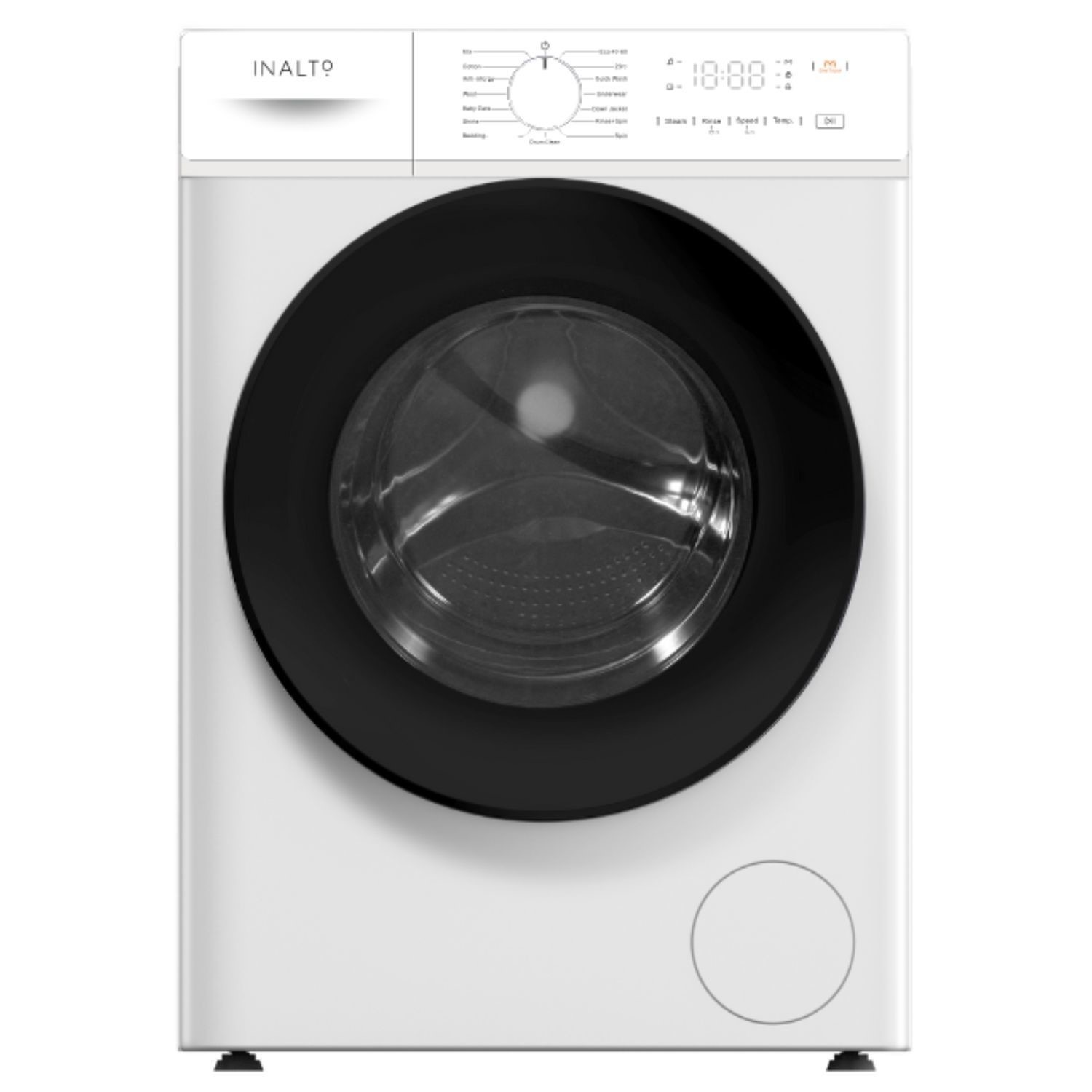 White front-loading washing machine with a large black door, digital control panel at the top, and a 7KG capacity, featuring a sleek modern design.