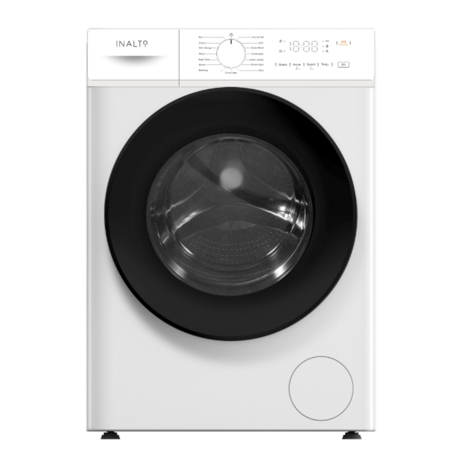 White Inalto INWM81400W washing machine with an 8KG capacity, 1400RPM spin speed, front-loading design, and a large black glass door featuring control panel at the top.