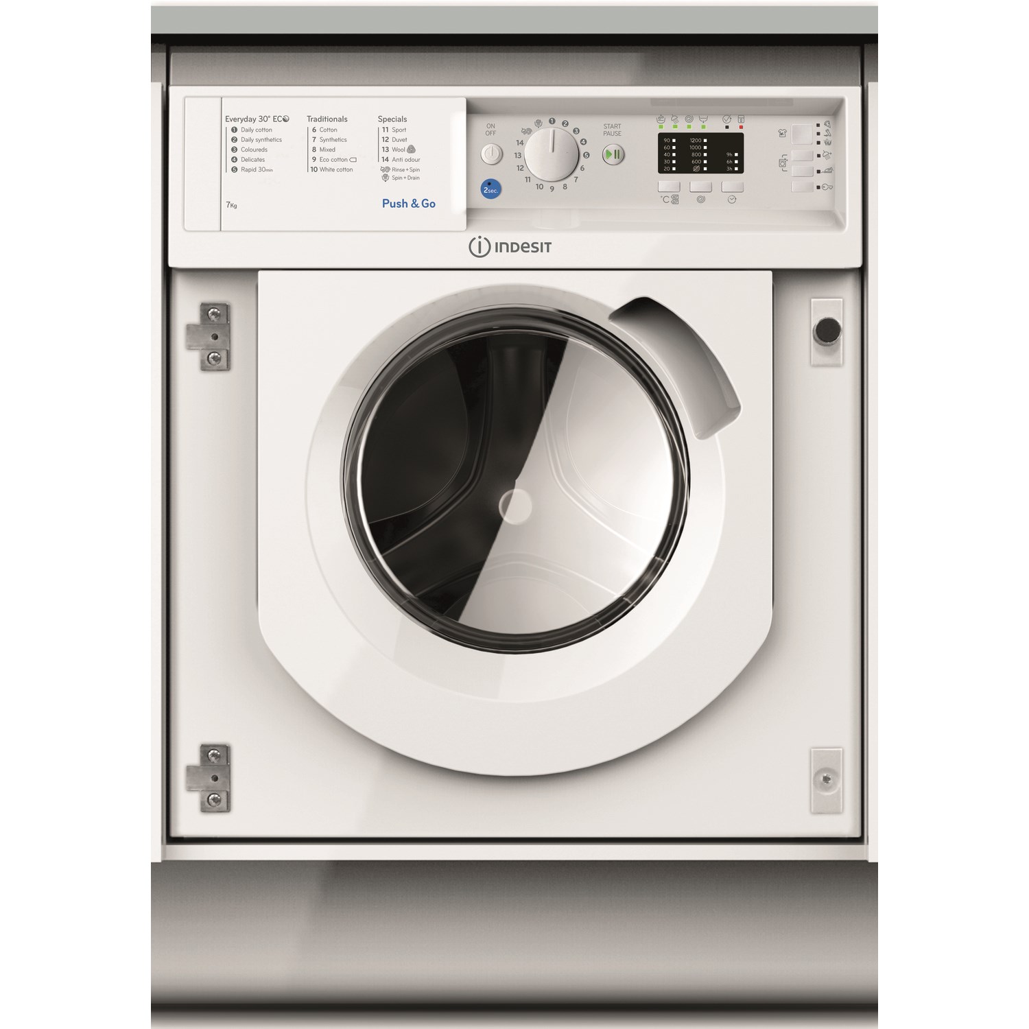 Integrated white washing machine with a 7kg capacity, 1200 spin speed, and a front-loading glass door, featuring a digital control panel and push-and-go function.