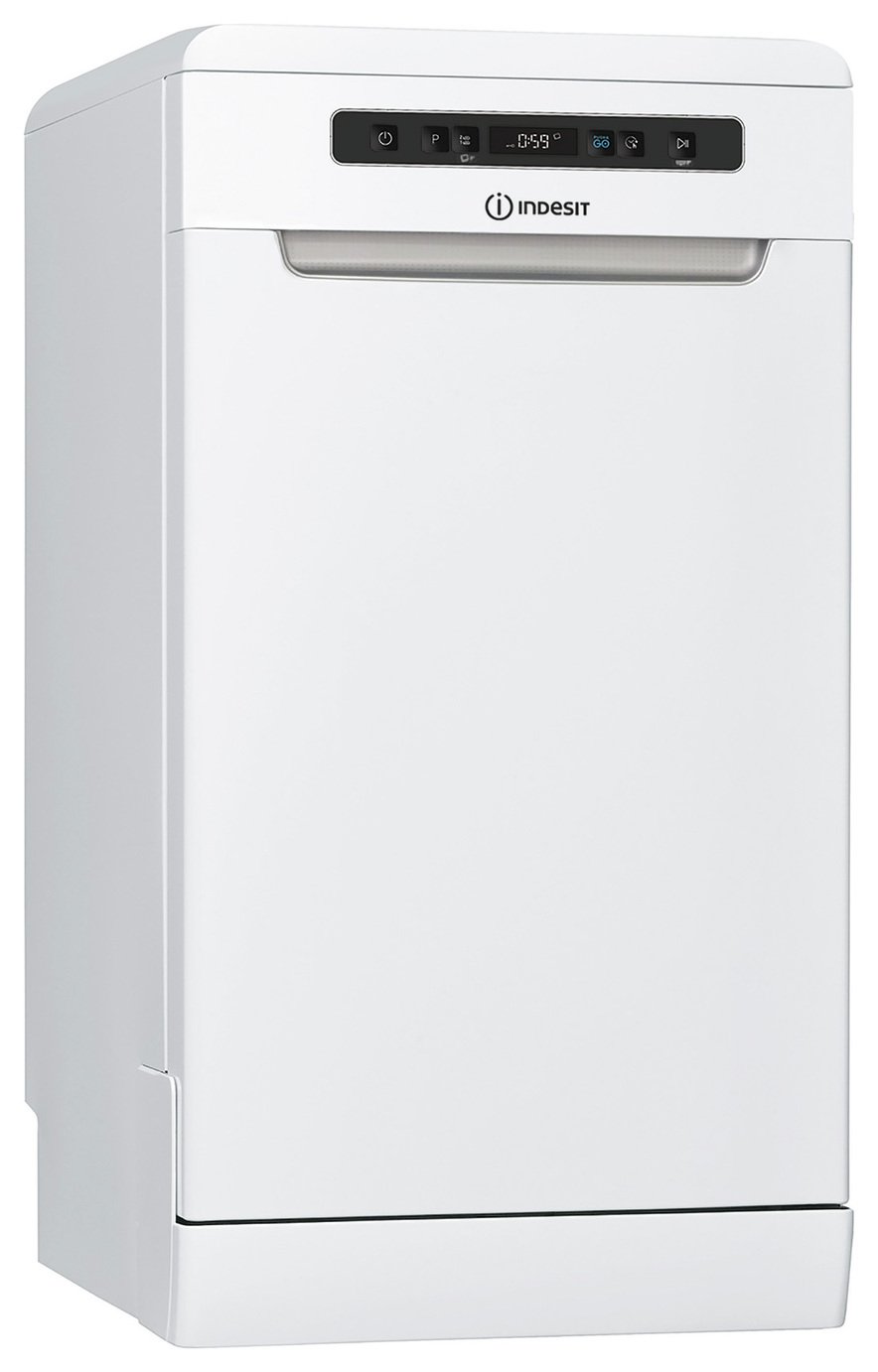 White slimline freestanding dishwasher with a sleek design, featuring a control panel with buttons and a digital display, designed to accommodate 10 place settings.