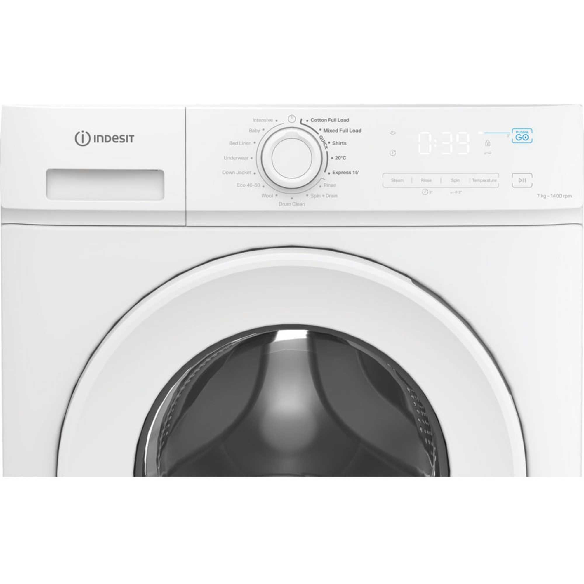 White Indesit MyTime washing machine with a 7kg capacity, 1400rpm spin speed, digital display, and control knob, featuring a sleek, modern design.