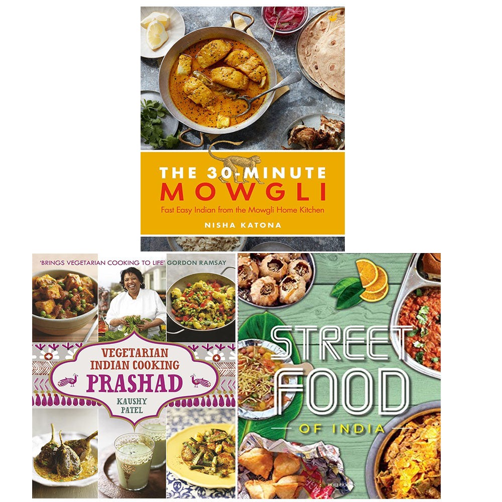 Collection of three Indian vegetarian cookbooks featuring vibrant covers with dishes, including "30 Minute Mowgli," "Vegetarian Indian Cooking," and "Street Food of India."
