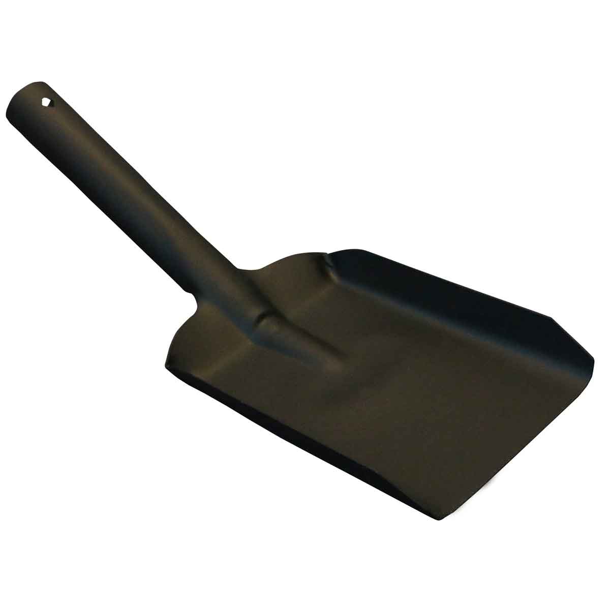 Black 4-inch fireside shovel with a smooth, matte finish and a sturdy handle, designed for easy handling of ash and debris.