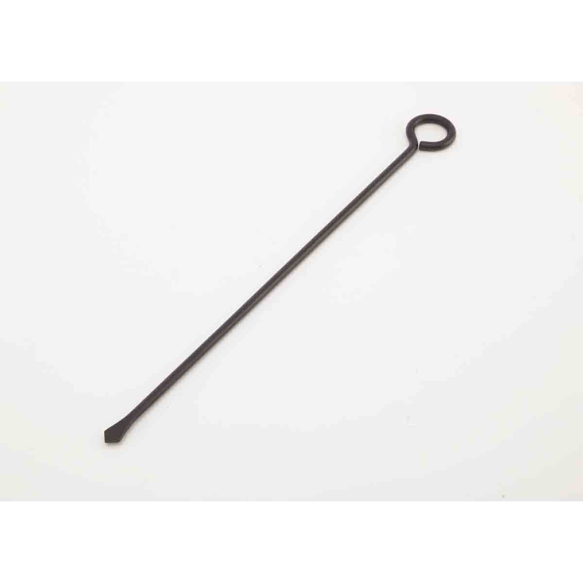 Black metal fire poker with a twisted design and a circular handle, featuring a flat tip for adjusting logs in a fireplace.