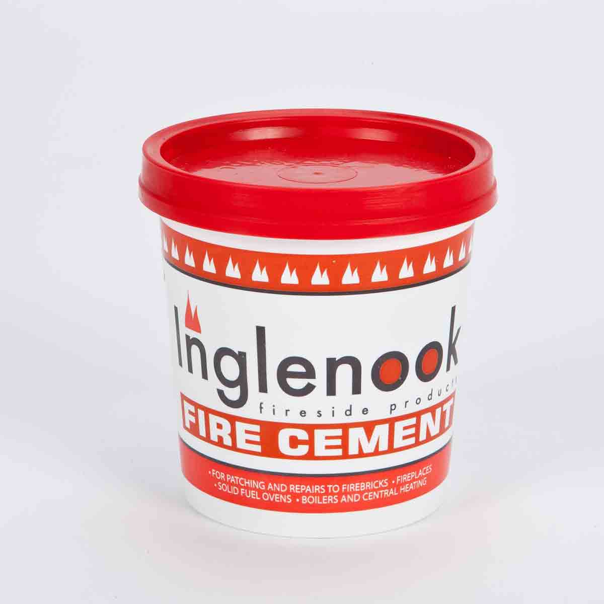 Red and white round container labeled "Inglenook Fire Cement," designed for patching and repairs, featuring a flame graphic and product details on the front.