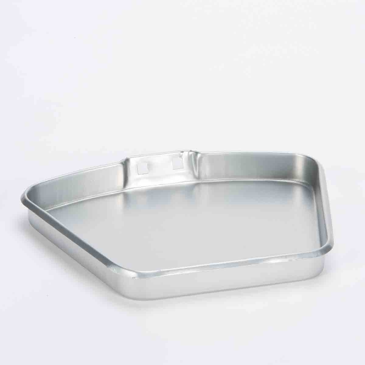Silver metal ash pan with a triangular shape, featuring a smooth surface and raised edges for easy handling, designed for use with fireplaces or wood stoves.