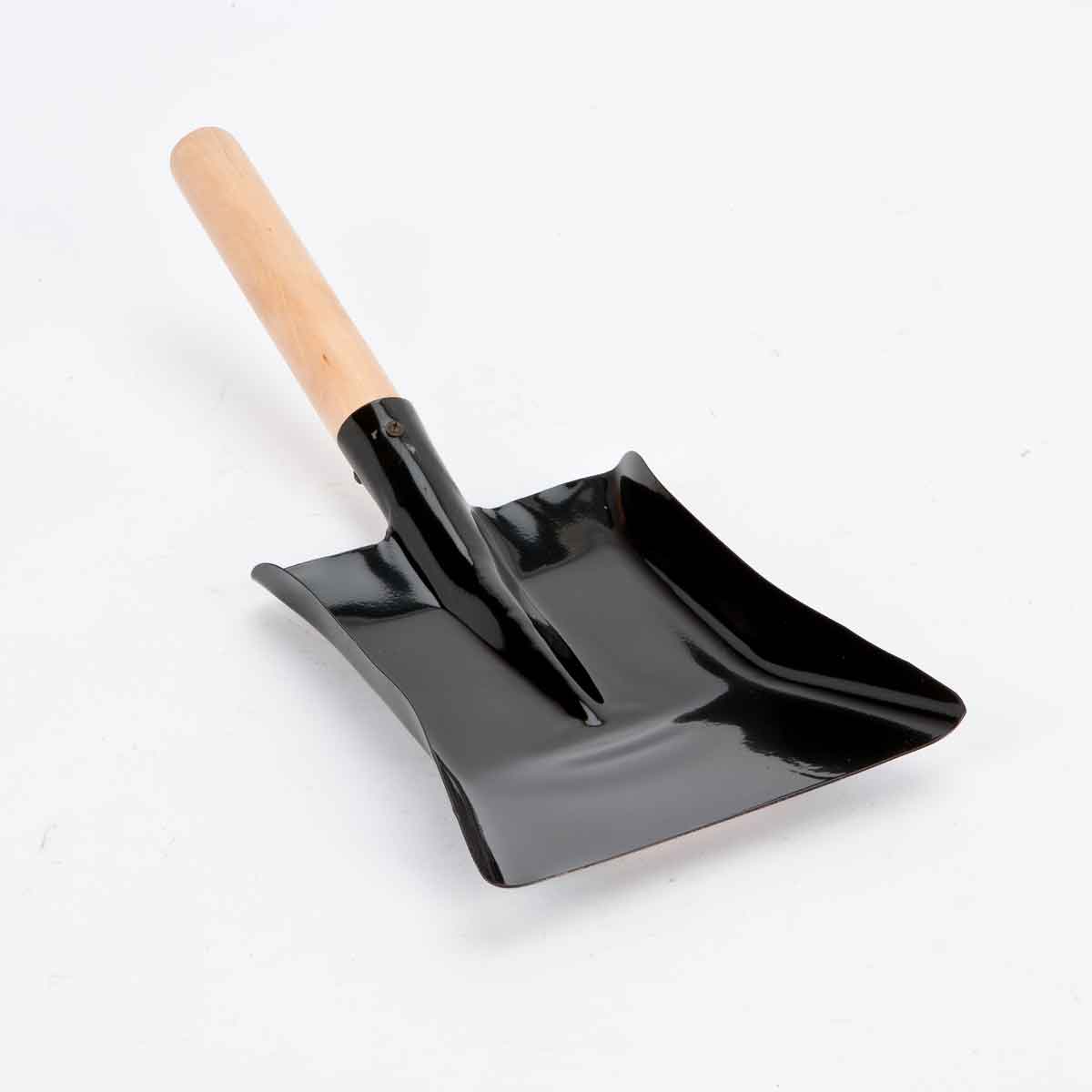 Black metal fireside shovel with a wide, flat scoop and a smooth wooden handle, designed for easy ash and coal management.