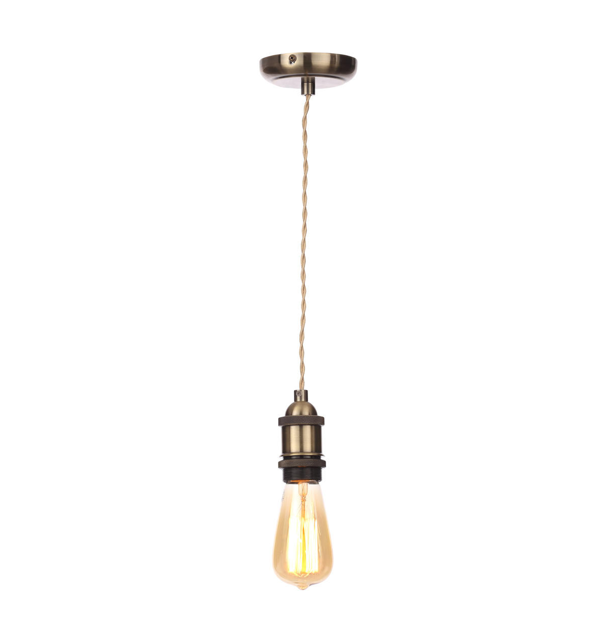 Antique brass pendant light with a champagne-colored cord, featuring a vintage-style bulb and a round ceiling mount.