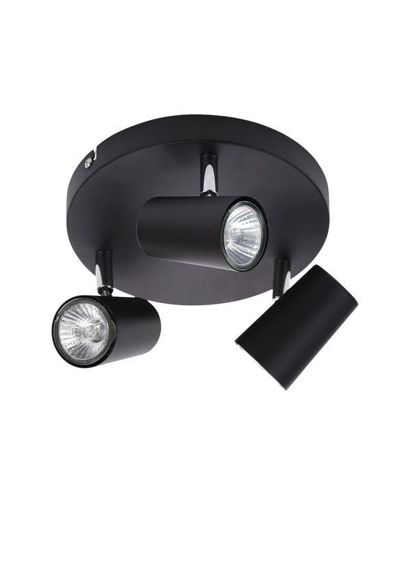Three black metal spotlight fixtures mounted on a circular base, featuring adjustable heads for directional lighting, ideal for modern interiors.