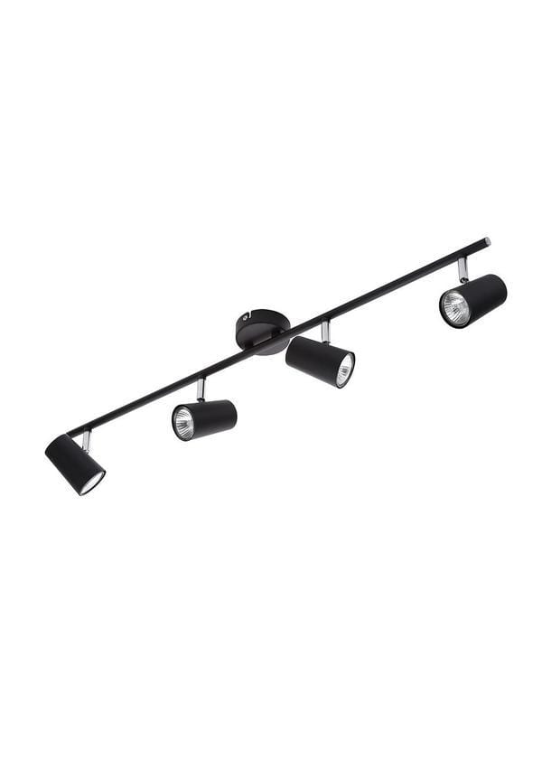 Black metal light bar featuring four adjustable spotlight fixtures, each with a cylindrical shade, mounted on a sleek horizontal rod.