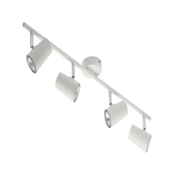 White 4-light spotlight bar with cylindrical shades, mounted on a sleek white metal track, featuring adjustable light fixtures for versatile illumination.