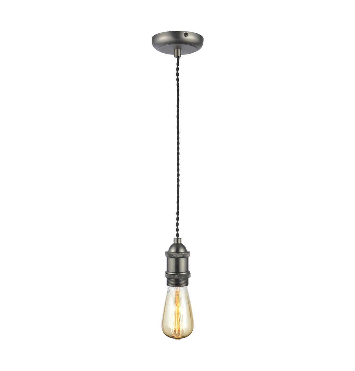 Pewter and black pendant cord set featuring a vintage-style bulb holder and a textured black braided cord, suspended from a round ceiling mount.