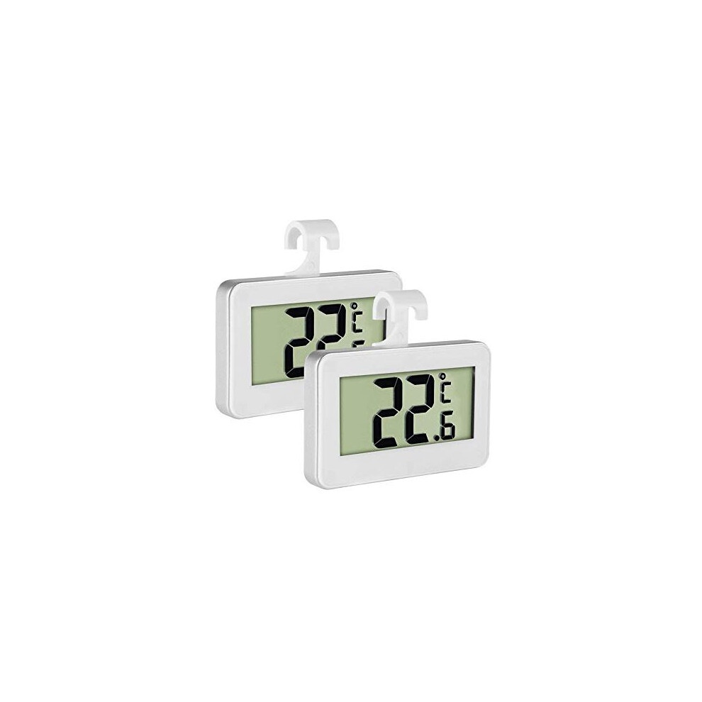 Two white LCD digital fridge thermometers with large black displays showing temperatures, featuring hanging hooks and a compact design for easy monitoring.