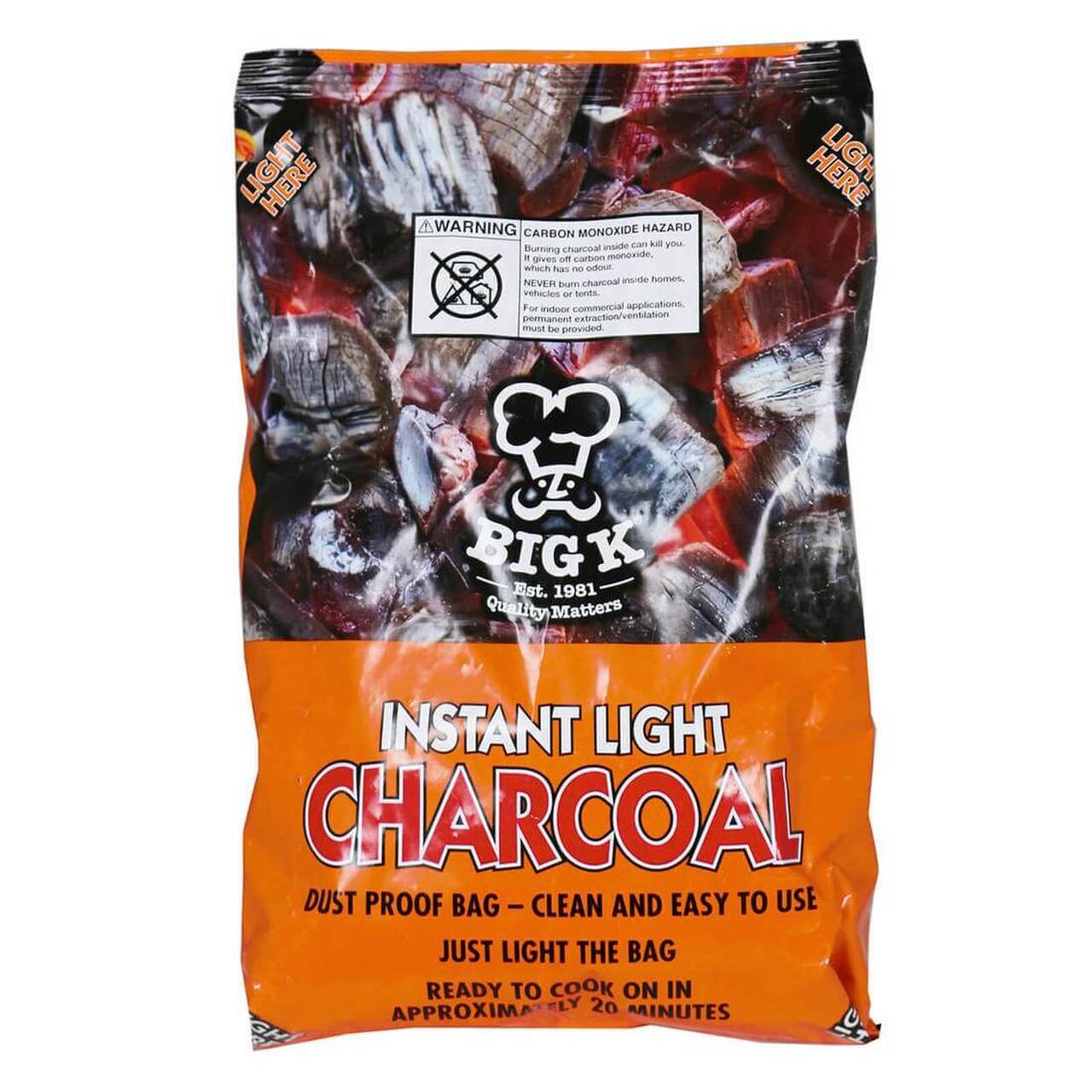 Big K Instant Light Charcoal BBQ fuel in a 1kg dust-proof bag, featuring a bright orange and black design with a warning label and text highlighting ease of use and quick lighting.
