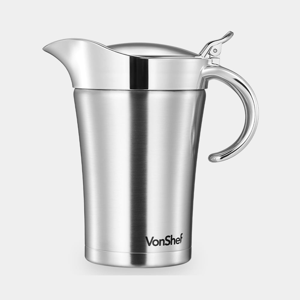 Stainless steel insulated gravy jug with a sleek silver finish, a curved handle, and a lid featuring a spout for easy pouring, holding 750ml.