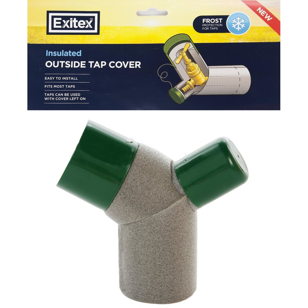 Green insulated outside tap cover with a textured grey body, designed to fit most taps, featuring easy installation and frost protection.