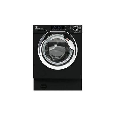 Integrated black washer dryer with a chrome door, featuring a digital display, control knobs, and a capacity of 9/5 kg with a 1600 spin speed.