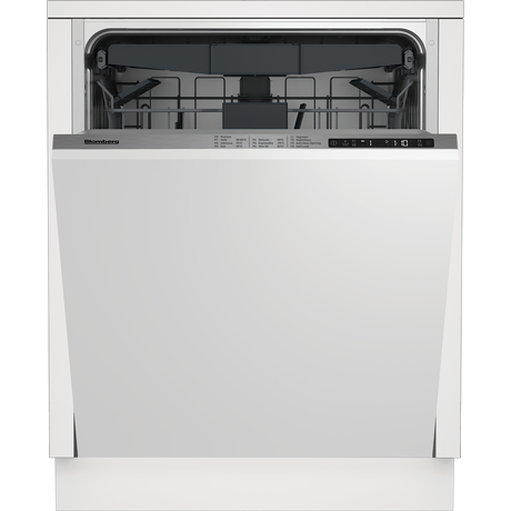 Blomberg integrated dishwasher in sleek silver with a control panel featuring buttons and a display, designed to fit seamlessly into kitchen cabinetry.