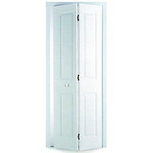 White internal bi-fold door featuring a smooth hollow core design with four panels, measuring 1981mm x 762mm x 35mm, showcasing a clean and modern aesthetic.