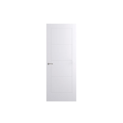 White internal door with a smooth finish, featuring three horizontal panels and a sleek silver handle, measuring 1981 mm x 838 mm x 35 mm.