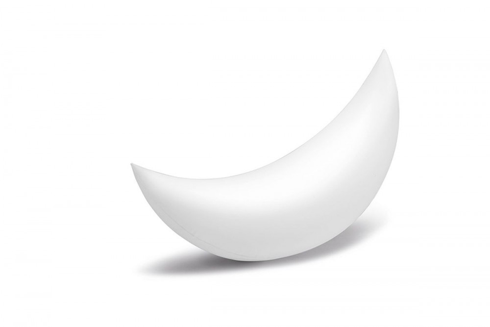 White LED floating crescent moon light, measuring 1.35m x 43cm x 89cm, designed for garden lighting, with a smooth, curved surface and soft glow.