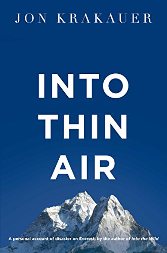 Book cover featuring a blue background with the title "INTO THIN AIR" in large white letters, and a snowy mountain range at the bottom, attributed to Jon Krakauer.