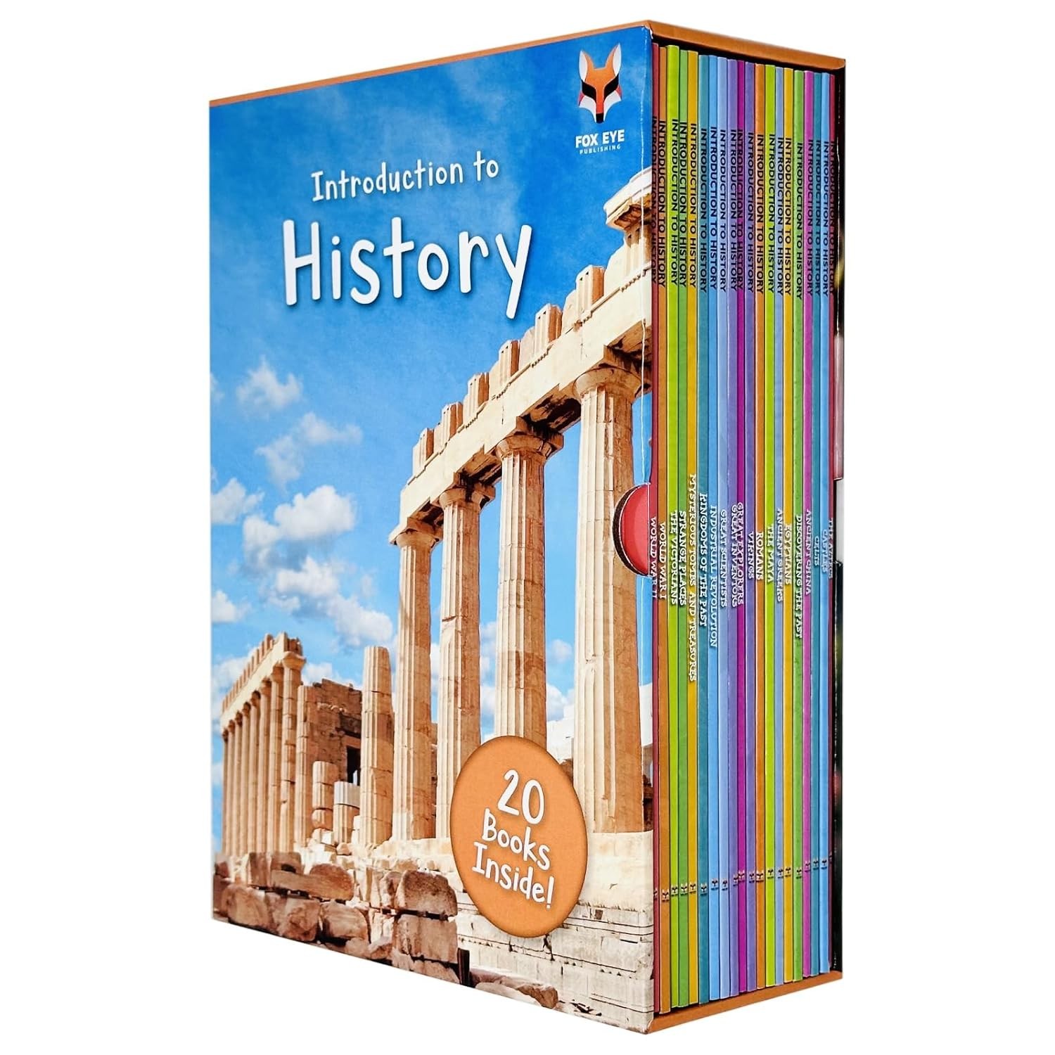 A colorful box set of 20 history books featuring a vibrant cover with ancient architecture, prominently displaying the title "Introduction to History" and a fox logo.