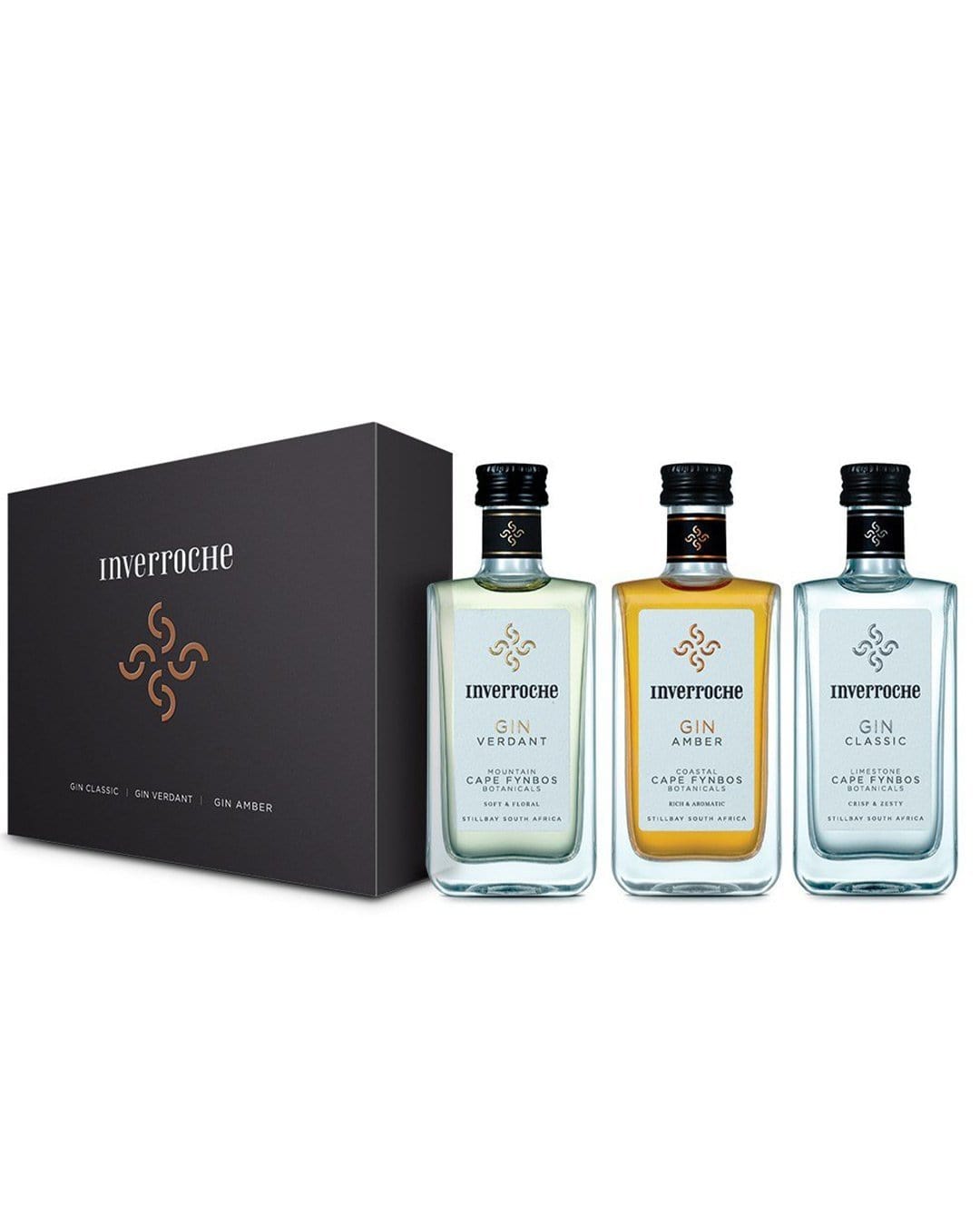 Three 5 cl bottles of Inverroche Luxury Gin in clear glass, featuring distinct labels for Classic, Verdant, and Amber varieties, presented in a sleek black gift box.