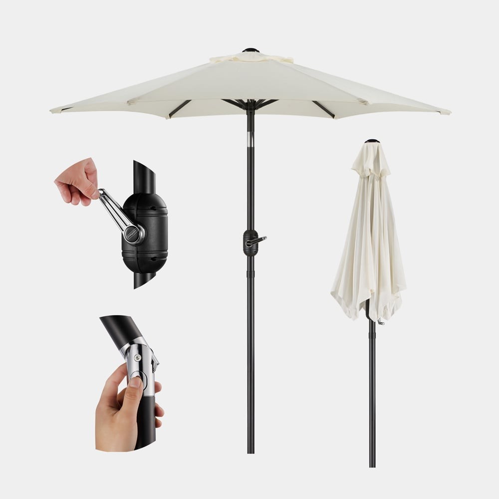 White 2m steel garden parasol with a sturdy black pole, featuring a crank mechanism for easy opening and closing, and a protective cover.