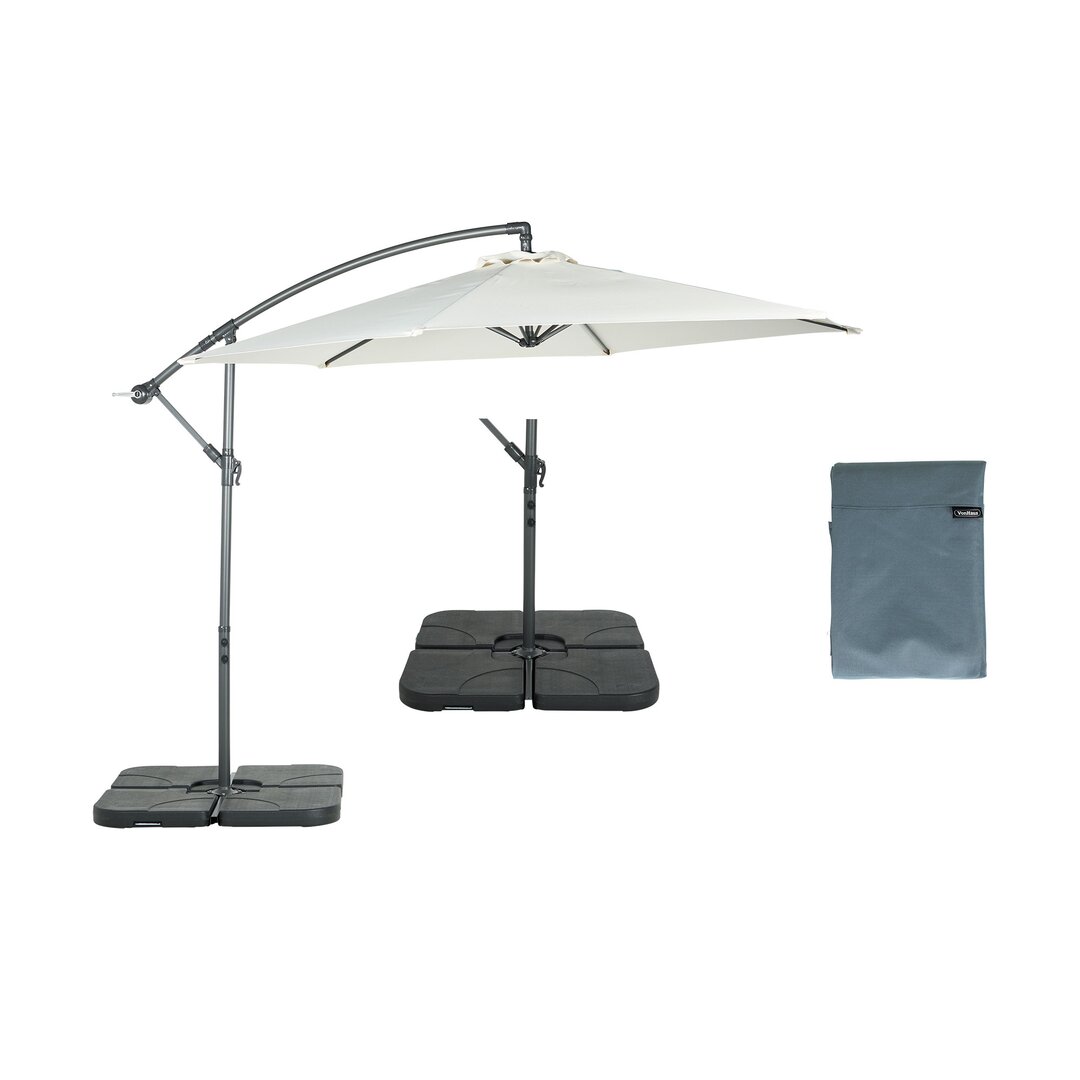 Ivory cream 3m banana parasol with a sturdy grey metal frame, two black base weights, and a protective grey cover set, ideal for outdoor shading.