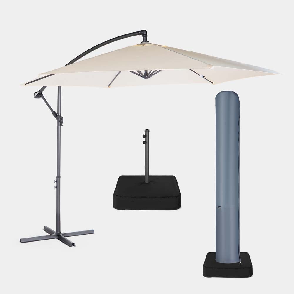 Ivory cream 3m cantilever parasol with a sturdy black base and cover, featuring a sleek metal frame and adjustable arm for optimal shade.