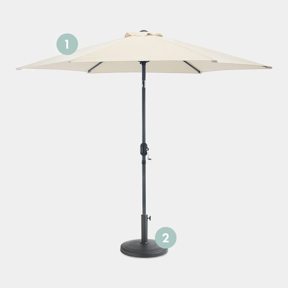 Ivory cream steel parasol with a sturdy black 12KG base, featuring a crank mechanism for easy opening and closing, ideal for outdoor shade.