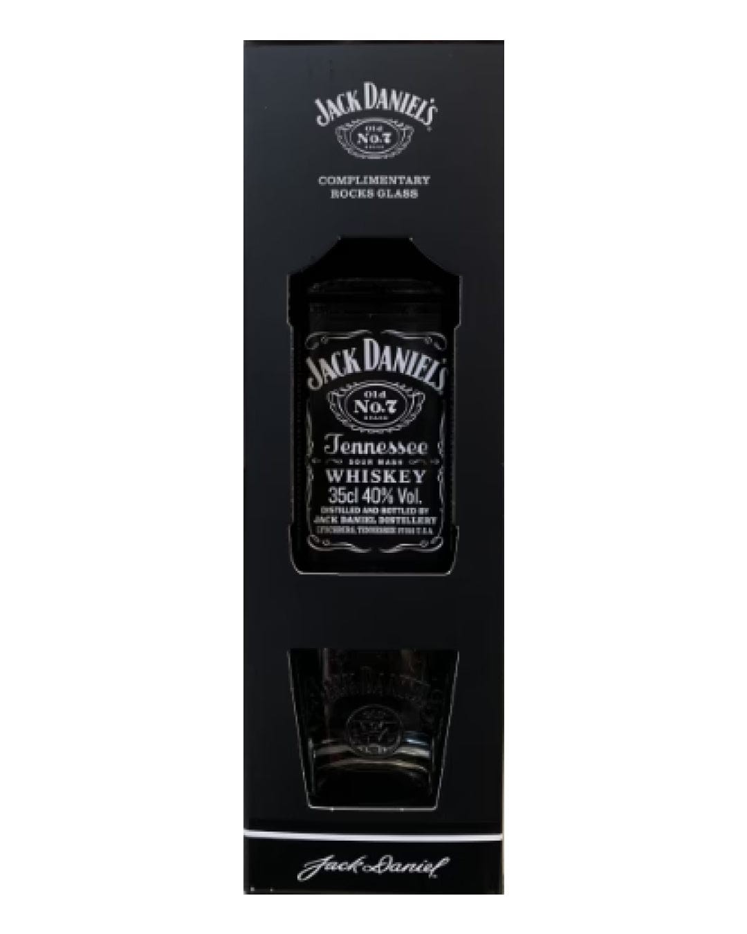 Jack Daniel's Tennessee Whiskey gift set featuring a 35 cl bottle and a complementary rocks glass, presented in a sleek black box with white branding.