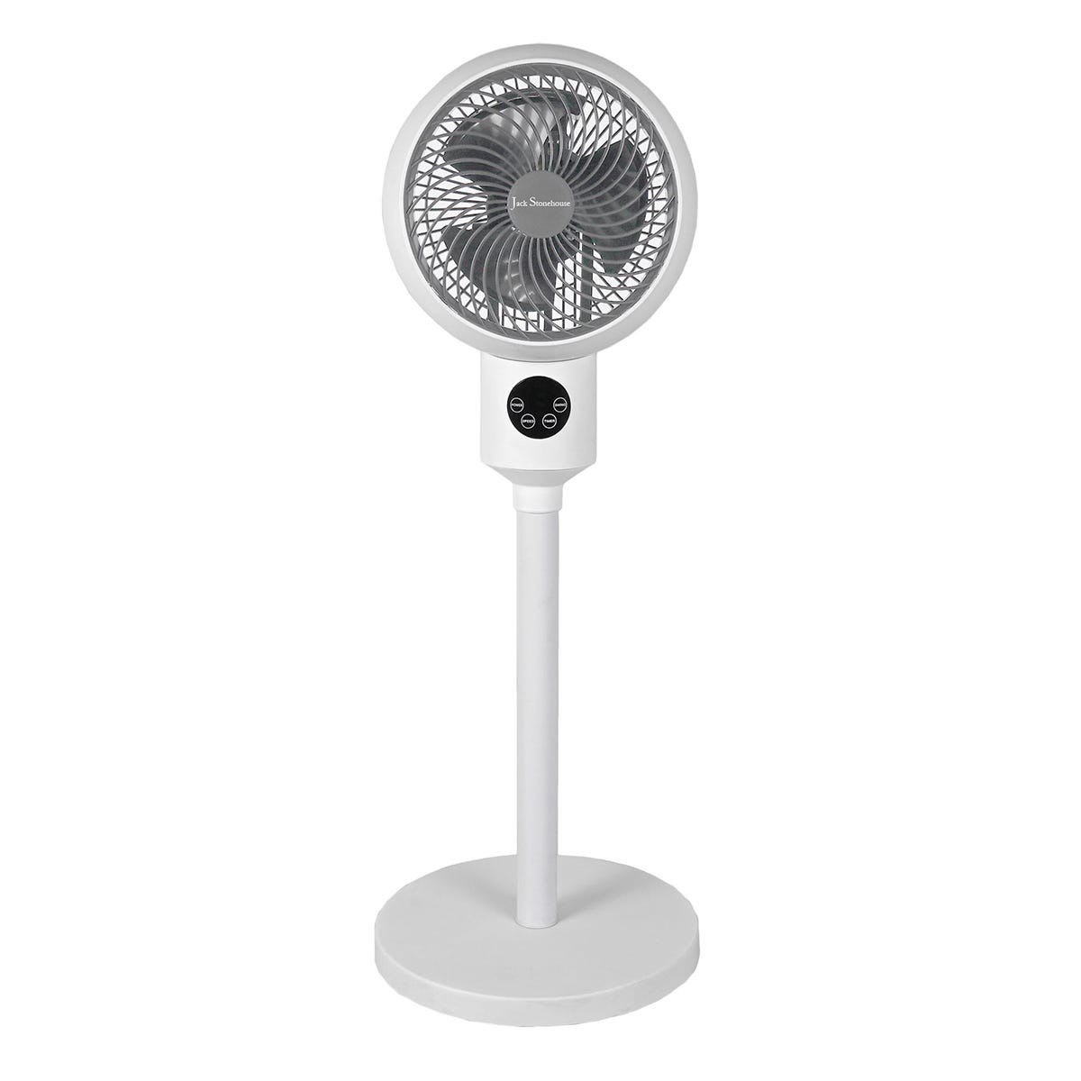 Grey and white Jack Stonehouse stand fan featuring a circular grille, adjustable height, and a sleek base with control buttons on the pole.