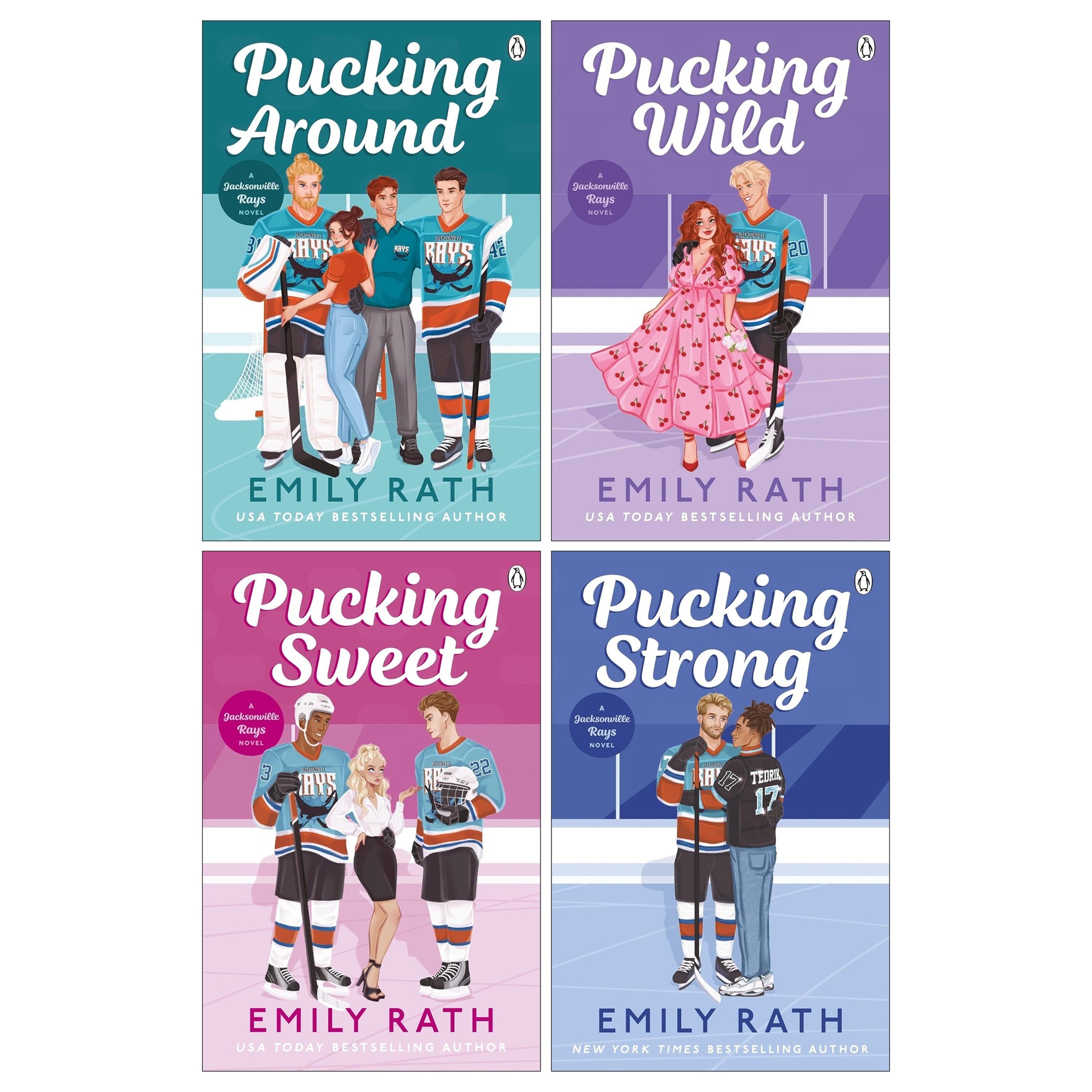 Four colorful book covers from the "Jacksonville Rays Series" by Emily Rath, featuring vibrant illustrations of characters in hockey jerseys and playful scenes.