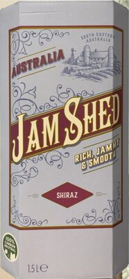 A light grey wine box featuring the text "Jam Shed" in bold maroon, with "Shiraz" and "Rich, Jammy & Smooth" below, adorned with decorative swirls and a vineyard illustration.