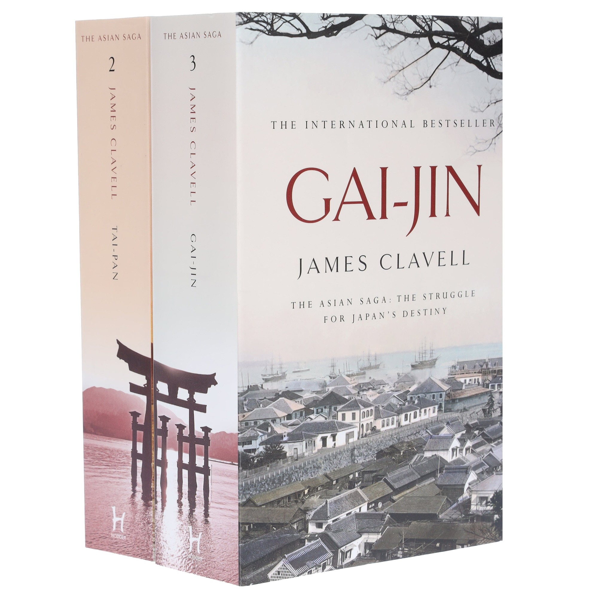 Two hardcover books from the "Asian Saga" series by James Clavell, featuring a red and white cover for "Gai-Jin" and a scenic image of Japan with a torii gate on the spine.