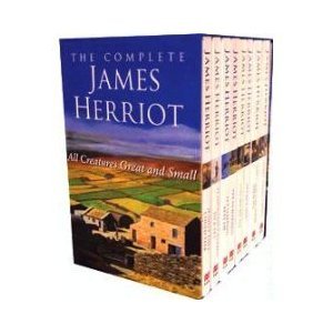 A colorful box set containing eight hardcover books titled "The Complete James Herriot," featuring scenic countryside imagery and the text "All Creatures Great and Small" prominently displayed.