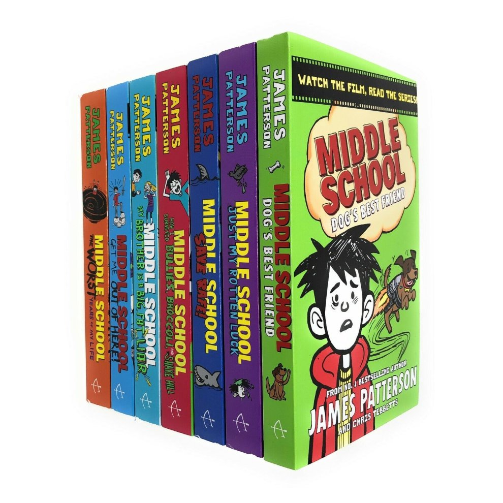 Seven colorful paperback books from the "Middle School" series by James Patterson, featuring playful covers with illustrations and bold titles, predominantly in shades of blue, orange, green, and purple.