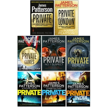 Eight book covers from the "James Patterson Private Series," featuring bold titles in yellow and red on black backgrounds, showcasing various cityscapes and action themes.