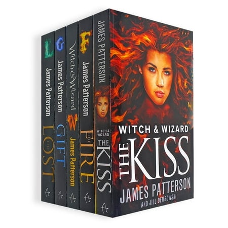 Five hardcover books from the "Witch & Wizard" series by James Patterson, featuring vibrant covers with bold colors and striking images, including a fiery-haired character on "The Kiss."