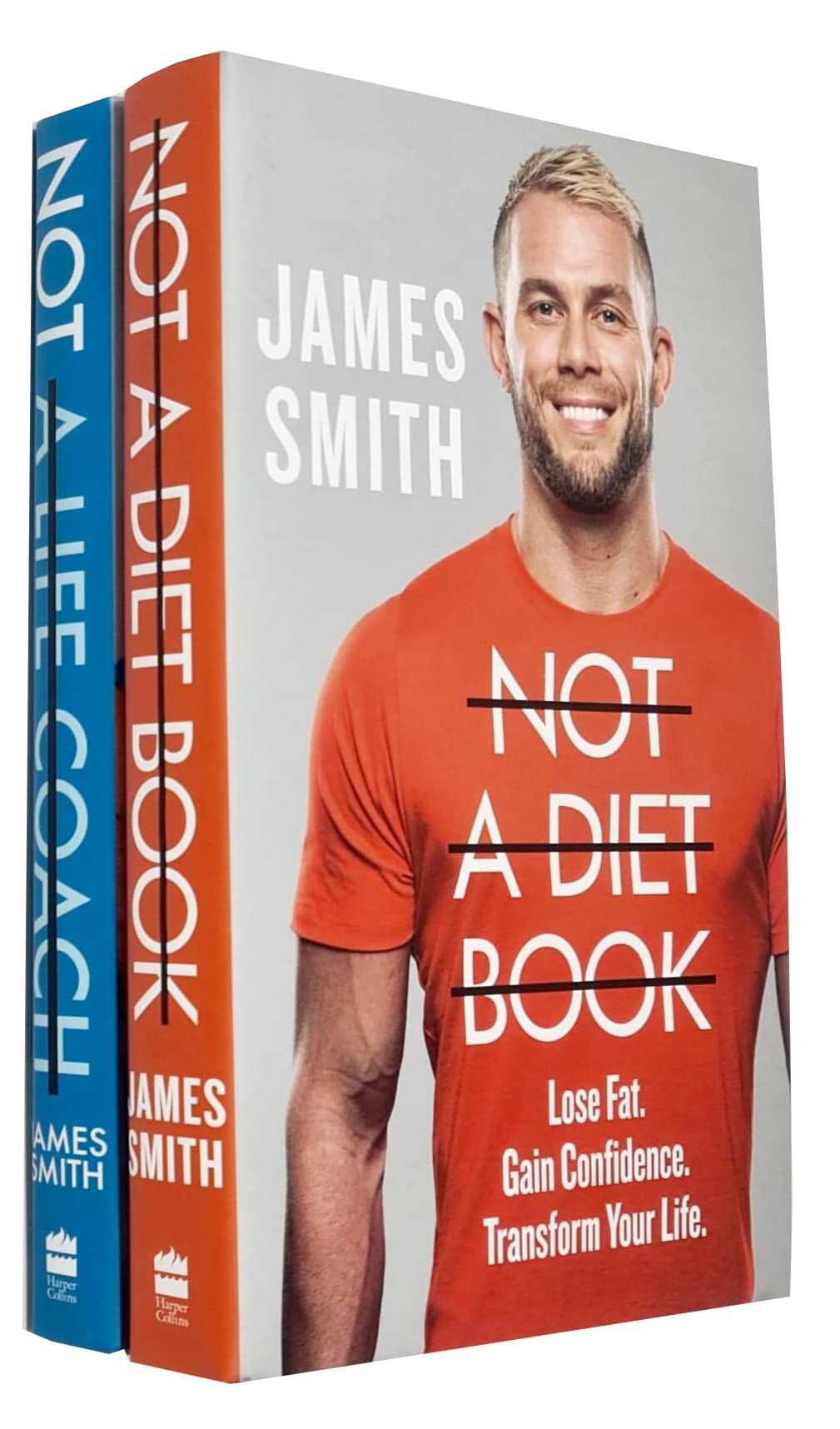 Two book covers from the James Smith Collection, featuring bold titles: "Not a Diet Book" and "Not a Life Coach," with a smiling man in a red shirt on the front.