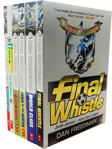 Seven paperback books from the "Jamie Johnson Football Series" by Dan Freedman, featuring colorful covers with football themes and the title "Final Whistle" prominently displayed.