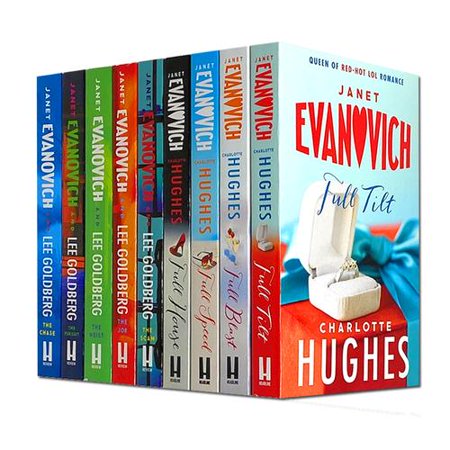 Colorful collection of nine paperback books by Janet Evanovich, featuring titles like "Scam" and "Full Speed," with vibrant spines in shades of blue, red, and green.