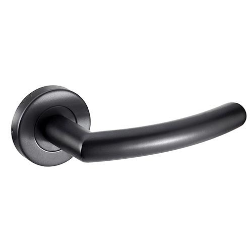Curved lever handle in matte black finish with a round rose, designed for doors, featuring a sleek, modern aesthetic and durable metal construction.
