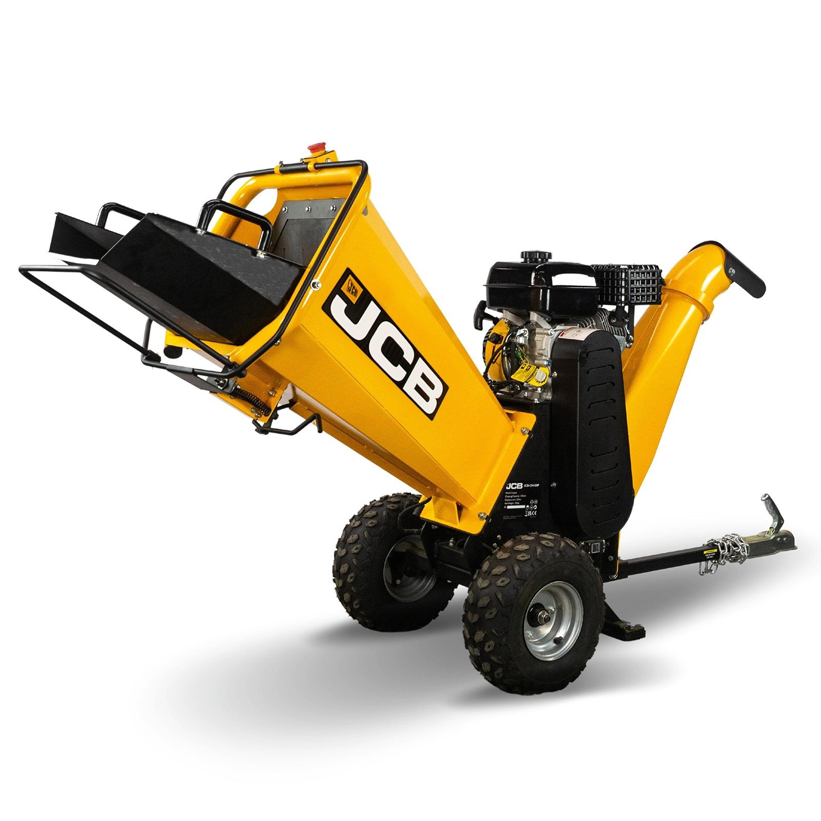 Yellow JCB heavy-duty petrol wood chipper with a 7.5hp engine, 224cc capacity, featuring a large hopper, sturdy wheels, and a robust design for efficient wood chipping.