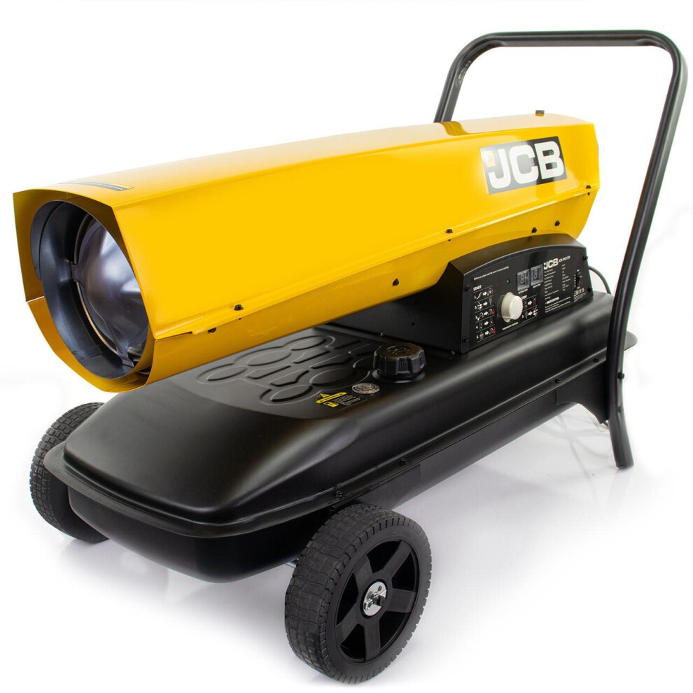 Yellow and black diesel space heater with a large cylindrical front, control panel, wheels for mobility, and a coverage area of 1300m³, designed for diesel or kerosene use.