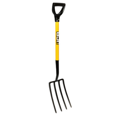 JCB Professional Garden Fork features a sturdy black metal head with four prongs, a yellow fiberglass handle, and a comfortable grip for efficient gardening.
