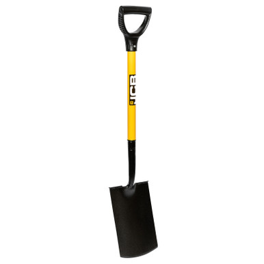 Professional long-handled garden spade with a solid forged carbon steel blade, black finish, and a yellow rubberized grip handle, designed for digging and home improvements.